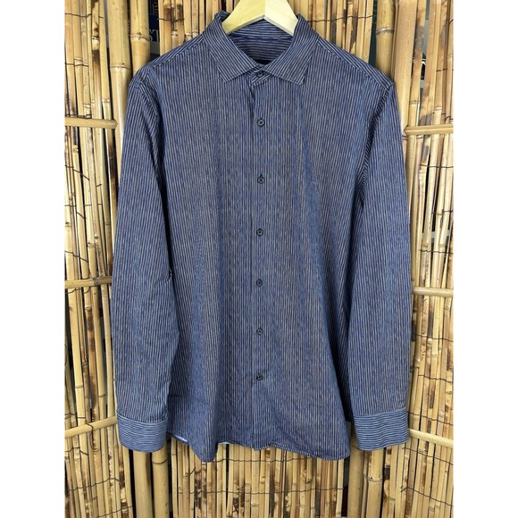Bugatchi Other - BUGATCHI Ooocotton Tech 8 Way Stretch Long Sleeve Shirt Large Blue Brown Stripe